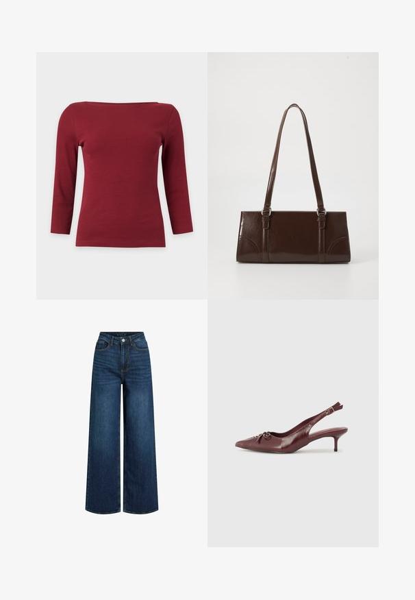 Enkelt mørkerødt ribstrikket top med lange ærmer, bred bådudskæring og tætsiddende silhuet på lysegrå baggrund.; Bredde ben jeans lavet af mørkeblå denim med høj talje, med lynlåsgylpter, forlommer og synlige sømdetaljer.; Bordeaux læder slingback hæl med spidse tå, justerbar rem og dekorativ sløjfedetalje foran. 7,5 cm hælhøjde.; Brun lakeret håndtaske med rektangulær form, to lange håndtag og subtile buede detaljer på fronten.
