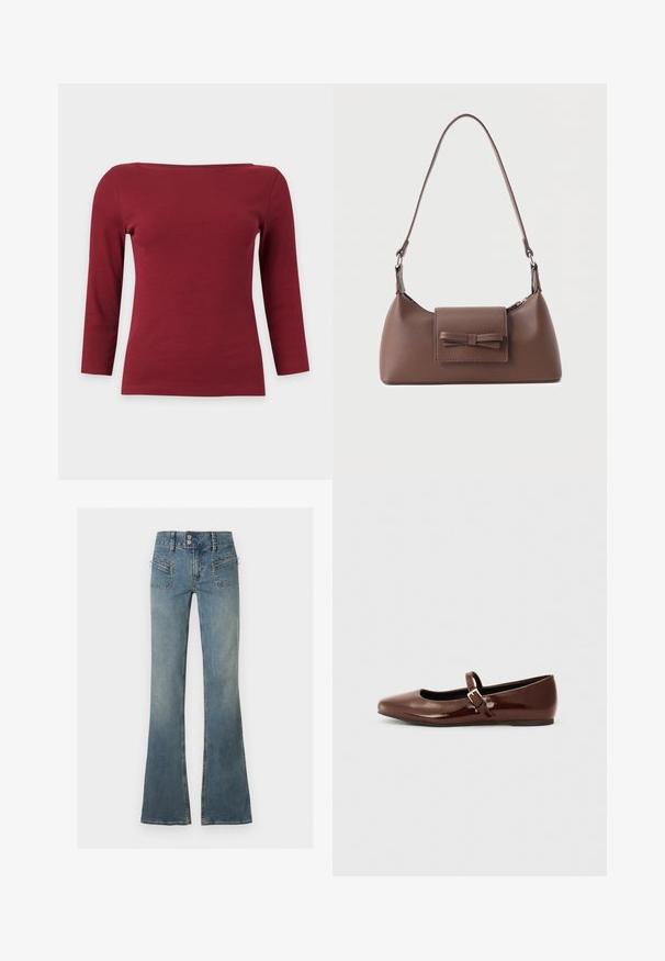 Haut à manches longues côtelé rouge foncé uni avec un large col bateau et une silhouette ajustée sur fond gris clair.; Jean en denim bleu taille haute avec double fermeture à boutons, fermeture éclair devant, poches zippées et jambes évasées sur fond uni.; Ballerine en cuir verni marron avec un bout carré et une lanière ornée d'une petite boucle dorée. Texture lisse, talon bas et design minimaliste.; Sac à bandoulière en cuir marron avec une poche à rabat avant ornée d'un détail en forme de nœud cousu et une sangle réglable.