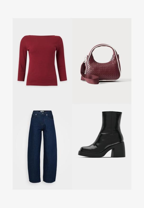Effen donkerrood geribd top met lange mouwen, een brede boothals en een aansluitend silhouet op een lichtgrijze achtergrond.; Wijdvallende jeans van donkerblauw denim. Voorzien van knoopsluiting, vijf zakken en zichtbare stiknaden. Gladde textuur met een relaxte pasvorm.; Zwarte enkellaarzen met een glanzende afwerking, vierkante neus en een dikke blokhak. Het ontwerp heeft een naadloze silhouet en minimale branding.; Donkerrode geweven leren handtas met gebogen handvat, witte bies, zilveren rits en afneembare brede stoffen schouderriem tegen een effen achtergrond.