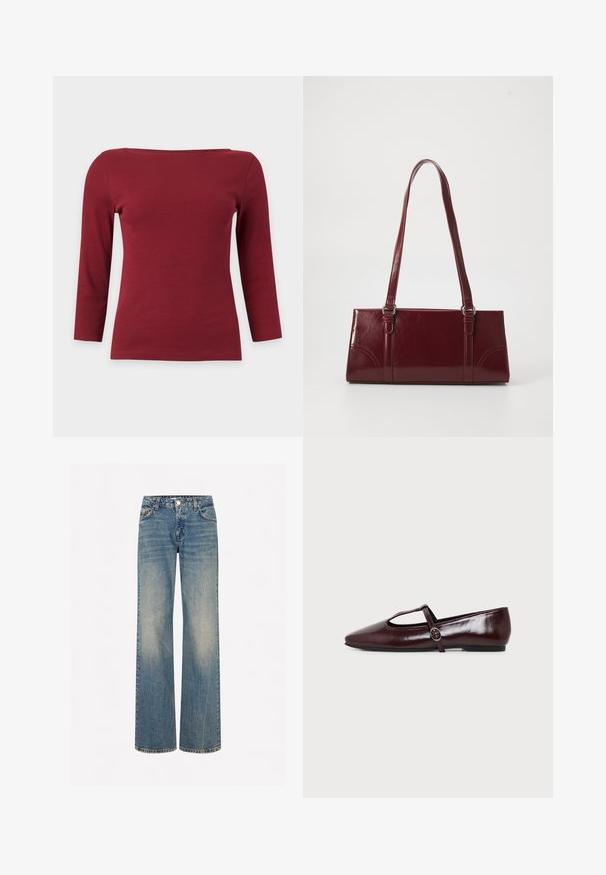 Schlichtes dunkelrotes, geripptes Langarmtop mit weitem U-Boot-Ausschnitt und figurbetonter Silhouette auf hellgrauem Hintergrund.; Hellblaue Denim-Breite-Jeans mit einer verblassten Textur, fünf Taschen, einem Knopfverschluss und Kontrastnähten entlang der Nähte.; Dunkelburgunderfarbener flacher Lederschuh mit spitzer Spitze und einem dünnen T-Riemen mit silberner Schnalle auf weißem Hintergrund.; Burgunderfarbene Handtasche aus glänzendem Material, rechteckige Form, mit zwei Schulterriemen und subtilen, geschwungenen Akzenten an der Vorderseite.