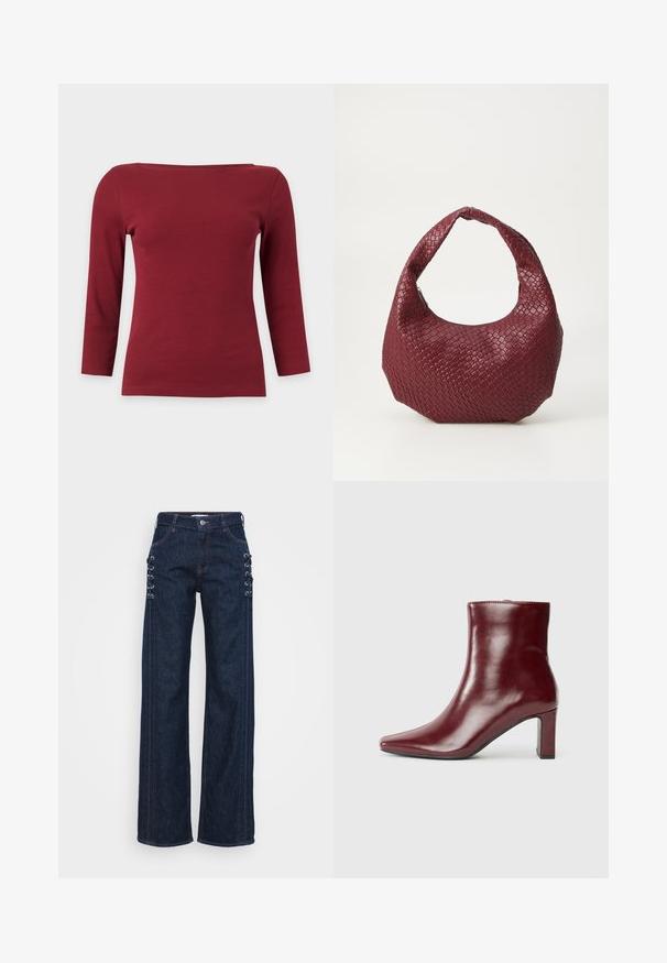 Top liso rojo oscuro acanalado de manga larga con un escote barco ancho y una silueta ajustada sobre un fondo gris claro.; Vaqueros de denim anchos de color azul oscuro con detalles de cordones en los lados, costuras naranjas en contraste y un diseño clásico de cinco bolsillos.; Botín de cuero burdeos con punta afilada y tacón grueso. Textura lisa con una silueta elegante y líneas limpias.; Bolso de mano burdeos tejido con una silueta redondeada, un solo asa y un acabado texturizado. Cierre con cremallera en la parte superior.