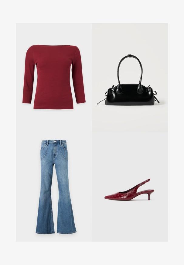 Haut à manches longues côtelé rouge foncé uni avec un large col bateau et une silhouette ajustée sur fond gris clair.; Jean en denim bleu clair taille haute avec jambes larges évasées et poches avant incurvées, présenté sur un fond blanc.; Escarpin à talon kitten en cuir bourgogne avec texture crocodile, bout pointu, bride ajustable et talon bas sur fond blanc.; Petit sac à main noir brillant avec deux longues anses et des détails à cordon sur les côtés sur un fond clair uni.