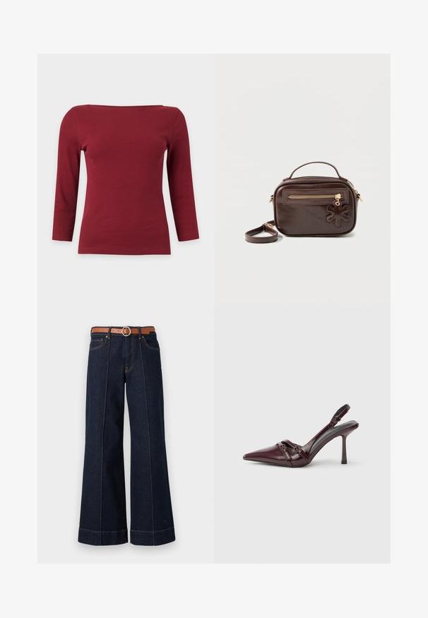 Effen donkerrood geribd top met lange mouwen, een brede boothals en een aansluitend silhouet op een lichtgrijze achtergrond.; Donkerblauwe denim wijde pijpen jeans met een hoge taille, een brown riem en zichtbare stikseldetails. Bevat voorzakken en heeft een relaxed fit.; Bordeauxrode lakleren slingback met puntige neus, dunne enkelband en kleine decoratieve gespsluiting. Gladde textuur en hoge hak.; Donkerbruine rechthoekige leren crossbodytas met een bovenste handvat, een voorvak met ritssluiting en een bloemenvormige leren hanger aan de ritstrekker.