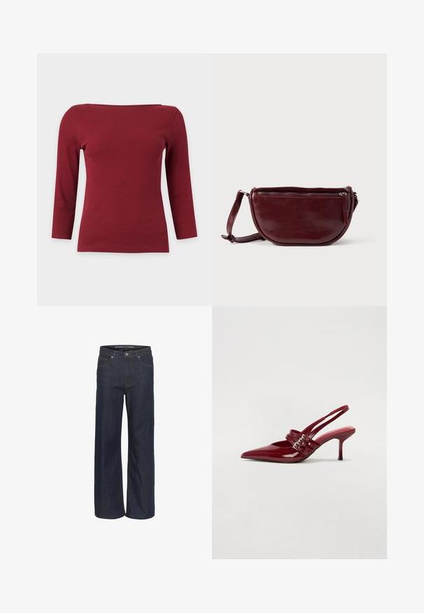 Effen donkerrood geribd top met lange mouwen, een brede boothals en een aansluitend silhouet op een lichtgrijze achtergrond.; Donkerdenim wijde pijpen jeans met een hoge taille, voorzien van vijf zakken, contrasterende stiksels en een ruwe zoom aan de onderkant.; Rode gepatenteerde leren slingbackhakken met een spitse neus, twee gespsluitingen en een slanke, middelhoge stilettohak. Glad textuur.; Dieprode lederen handtas met een halve-maansvorm, een ritssluiting en een afneembare riem. Gladde textuur met een subtiele glans.