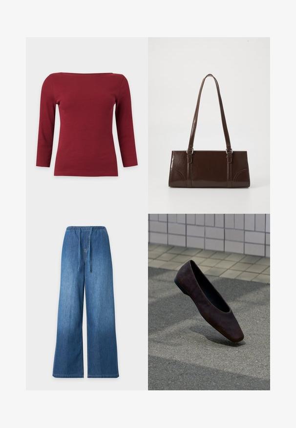 Haut à manches longues côtelé rouge foncé uni avec un large col bateau et une silhouette ajustée sur fond gris clair.; Pantalon en denim bleu à jambes larges avec taille élastique et fermeture avant par cordon sur fond clair uni.; Chaussure plate marron foncé unique flottant au-dessus d'un sol texturé avec un mur carrelé en arrière-plan.; Sac à main en cuir verni marron de forme rectangulaire, avec deux longues poignées et des accents courbés subtils à l'avant.