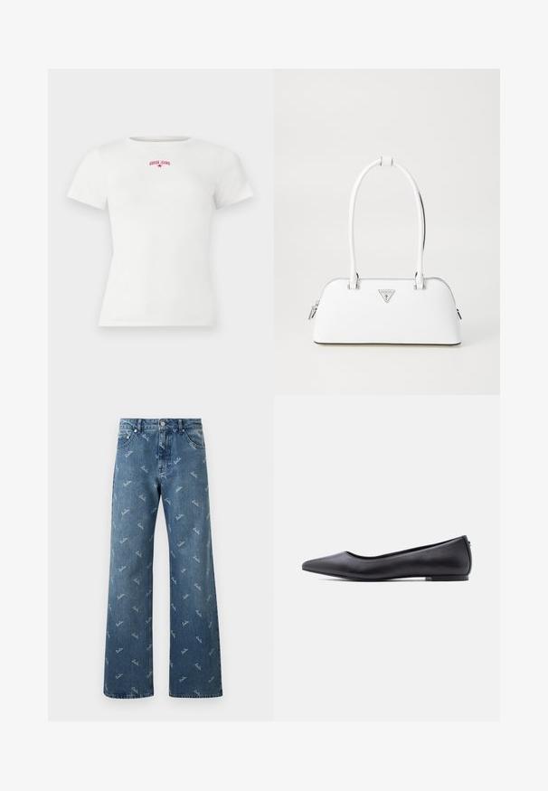 Hvid kortærmet ribbet t-shirt med lille rød "GUESS JEANS" tekst og stjerne logo centreret nær halsudskæringen.; Lyseblå denimjeans med bred bendesign, prydet med et gentaget 'lala' logo-mønster i hvid og en klassisk fem-lomme stil.; Sort flad lædersko med spidst tåparti og lav hæl, vist i sideprofil mod en hvid baggrund.; Hvid lædertaske med en buet form, der har et sølvtrapezlogo og lynlåslukning. Glat tekstur og dobbelthåndtag.