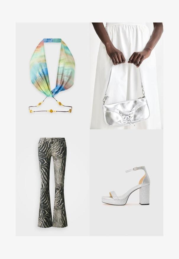 Letvægts flerfarvet tørklæde med et akvarelmønster og en justerbar brun snor med perler.; Bredde jeans i et sort og beige zebra mønster, fremstillet af denim materiale, med fem-lomme design og synlige syninger.; Sølv glitrende højhælede sandal med bred blokhæls, åben tå og justerbar ankelrem. Glat indvendigt og tekstureret udvendigt.; Sølvmetallic håndtaske med snøredetaljer, der har et slankt design og en kort strop. Tasken holdes i hænderne for at fremvise dens tekstur.