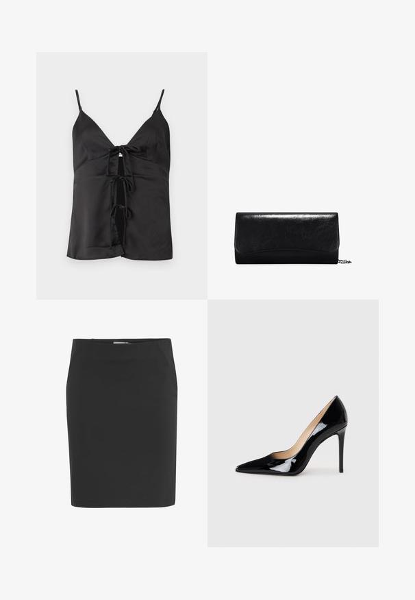 Top de satén negro con tirantes finos, que presenta un escote en V profundo y un frontal con cordones y tres lazos. Textura suave y ajuste relajado.; Falda lápiz negra hasta la rodilla con corte recto y cierre lateral con cremallera.; Zapato de tacón alto de charol negro con un diseño de punta afilada y una silueta elegante. Presenta un acabado suave y brillante y un tacón de aguja esbelto.; Clutch de cuero negro con una textura suave, forma rectangular y detalles con borde en la parte delantera. Incluye una correa de cadena desmontable.