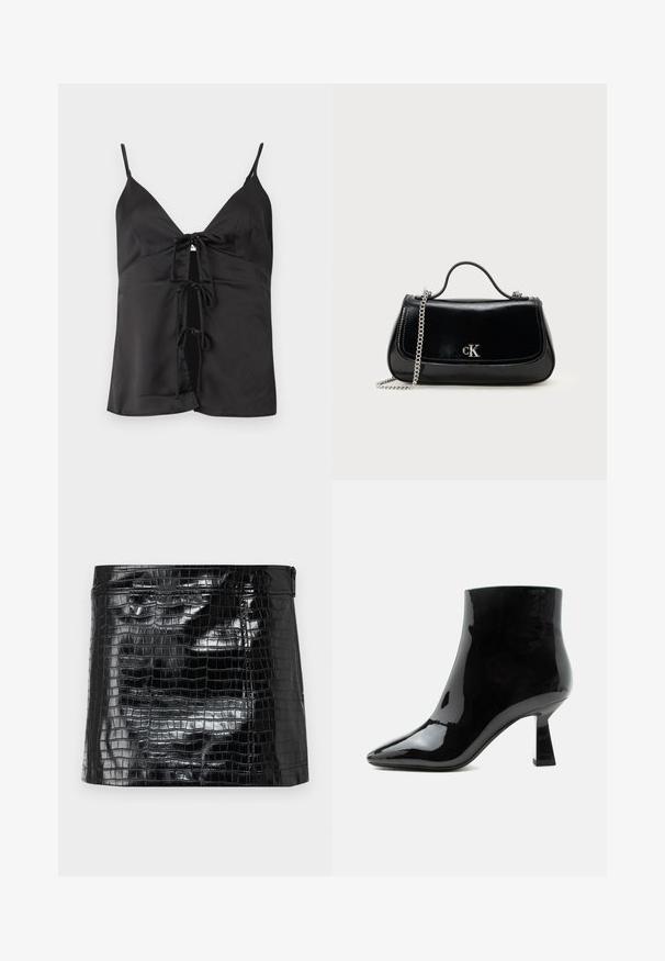 Top en satin noir avec des bretelles fines, présentant un décolleté en V profond et un devant lacé avec trois nœuds. Texture lisse et coupe décontractée.; Pochette noire en vinyle brillant avec un motif crocodile, texture lisse et fermeture éclair sur le dessus. Forme rectangulaire compacte.; Bottine noire en cuir verni brillant avec bout pointu et talon mi-haut évasé sur fond blanc.; Sac à main en cuir noir avec une chaîne en bandoulière, forme structurée et accent logo argenté. Texture lisse avec un rabat.