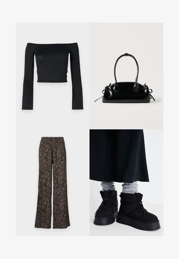 Schwarzes Cropped Top mit langen, eng anliegenden Ärmeln und einem schulterfreien Ausschnitt, hergestellt aus weichem, glattem Stoff. Schlichtes und figurbetontes Design.; Hose mit weitem Bein und Gepardenmuster in erdigen Brauntönen und Schwarz, aus einem weichen, leichten Stoff mit elastischem Bund gefertigt.; Schwarze, gepolsterte Knöchelstiefel mit flachen Sohlen, Schnürsenkeln und auffälligen Nähten. Kombiniert mit grauen, gerippten Socken, die hervorlugen, und getragen zu einem dunklen Rock.; Kleine schwarze glänzende Handtasche mit zwei langen Griffen und seitlichen Kordelzug-Details vor einfachem hellem Hintergrund.