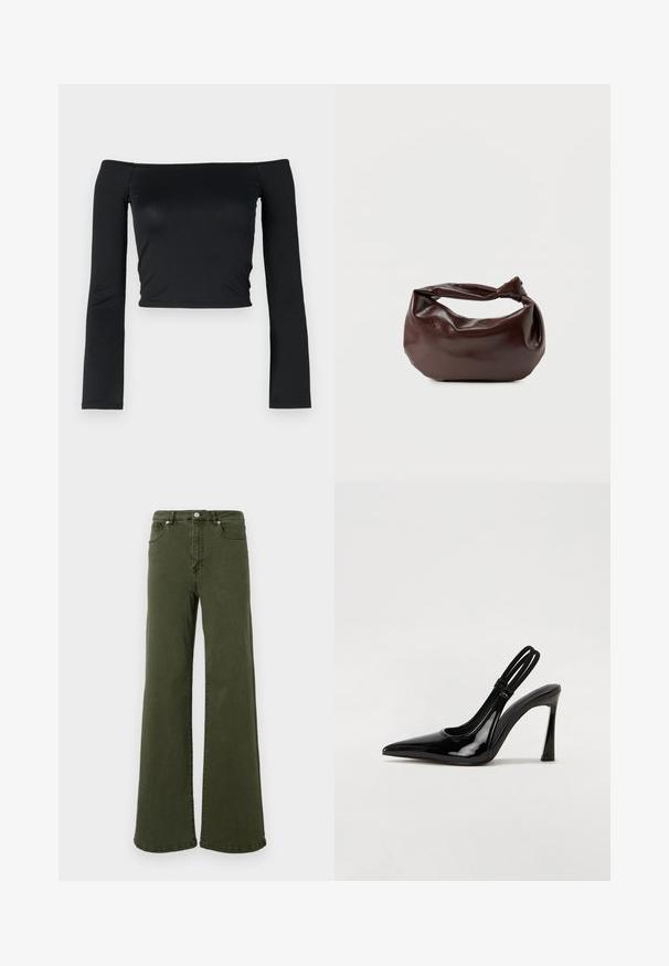 Sort cropped top med lange, tætsiddende ærmer og en off-the-shoulder udskæring, lavet af blødt, glat stof. Simpelt og tætsiddende design.; Olivengrønne flared jeans lavet af bomuld, med høj talje, fem lomme-design, metalknap og stikninger langs sømmene.; Sorte patenterede lædersædler med spidse tæer, slank høj hæl og dobbelt elastisk rem for sikker pasform. Glat, skinnende overflade.; Mørkebrun læder skuldertaske med en blød, afslappet form og et snoet knudehåndtag på en ensartet hvid baggrund.