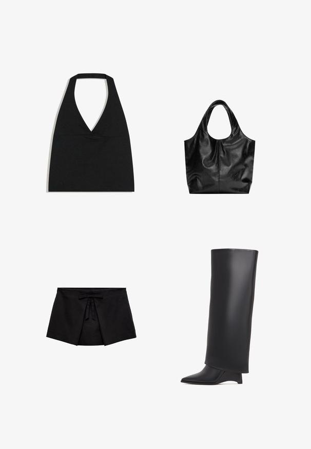 Sort halterneck crop top med dyb V-udskæring og bred nakkestrop mod en hvid baggrund.; Sort mini nederdel i omslagsstil med frontfælde detaljer og en lille bundet sløjfe ved taljen.; Sort knælang støvle lavet af glat læder, med spids tå og trekantet hæl. Designet med en strømlinet, glat overdel.; Sort læder tote taske med en glat overflade, en blød, afrundet top og brede håndtag. Har minimal syning og en afslappet silhuet.