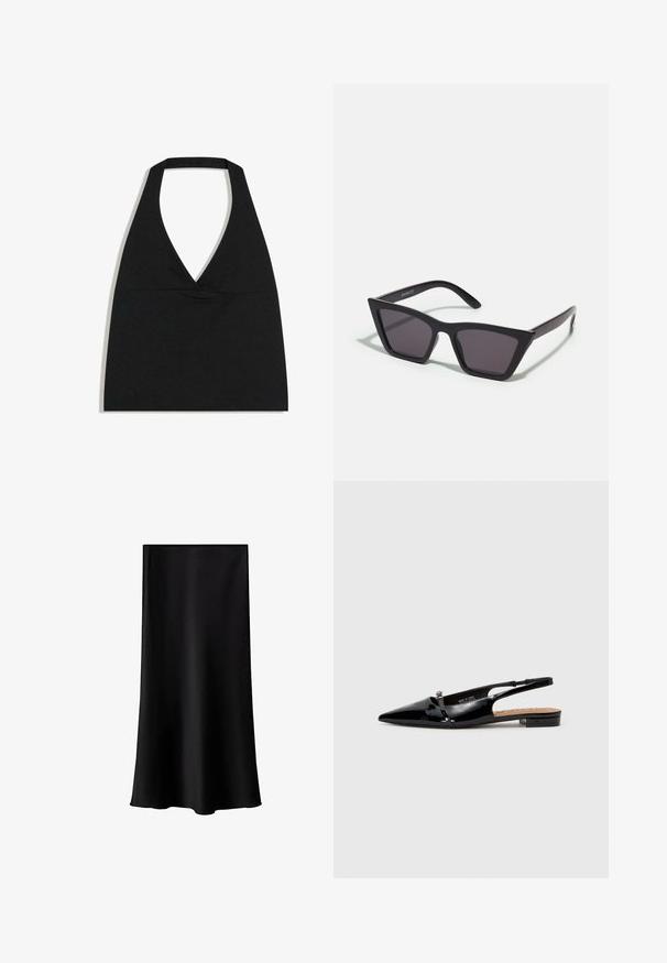 Sort halterneck crop top med dyb V-udskæring og bred nakkestrop mod en hvid baggrund.; Sort midi-nederdel lavet af glat, letvægtsstof. Den har en lige skæring, ingen synlig hardware og et enkelt design uden mønstre.; Sorte patenterede læderslipsko med spids tå, minimalistisk design, lille hæl og sølvfarvet spænde på remmen.; Sorte, kantede solbriller med grå linser; lavet af plast, med tykke stænger med en glat overflade og ingen synlig hardware.