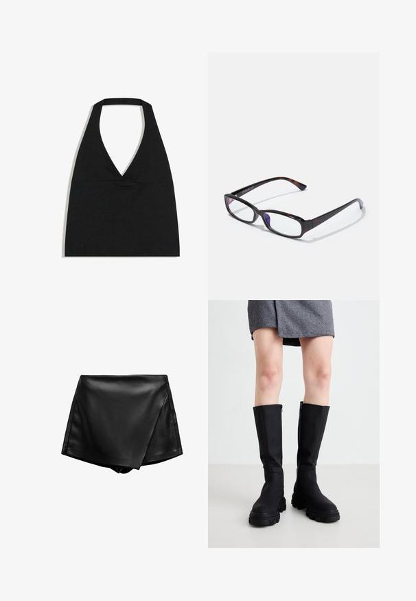 Sort halterneck crop top med dyb V-udskæring og bred nakkestrop mod en hvid baggrund.; Sorte faux læder shorts med høj talje, der har et indviklet design og en glat tekstur. Har rene linjer og ingen synlige lukninger.; Sorte knæhøje støvler med en glat overflade, kraftige såler og en diskret lynlås på siden. Stilfuldt parret med en grå herringbone nederdel.; Rektangulære briller med skildpadde-mønster, sort plastisk stel og gennemsigtige linser. Har tynde stænger og en let bøjning i enderne.