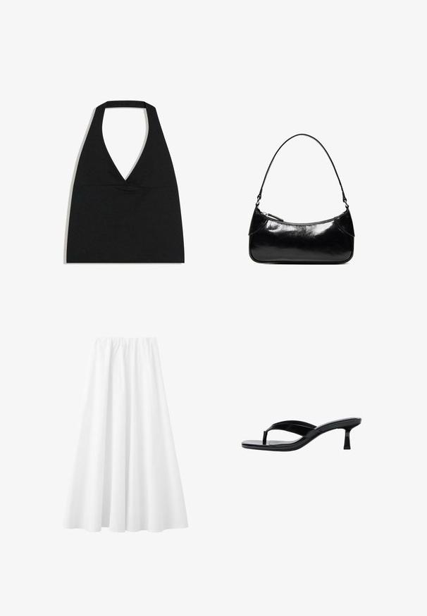 Haut court noir à col licou avec un profond décolleté en V et une large bretelle autour du cou sur fond blanc.; Longue jupe blanche avec une taille élastique et un tissu fluide s'étendant jusqu'à l'ourlet.; Sandale à talon en cuir verni noir avec une bride entre les orteils et un talon mince de hauteur moyenne, vue de profil sur fond blanc.; Sac à épaule en cuir noir brillant avec un seul compartiment zippé et une fine bandoulière arquée.