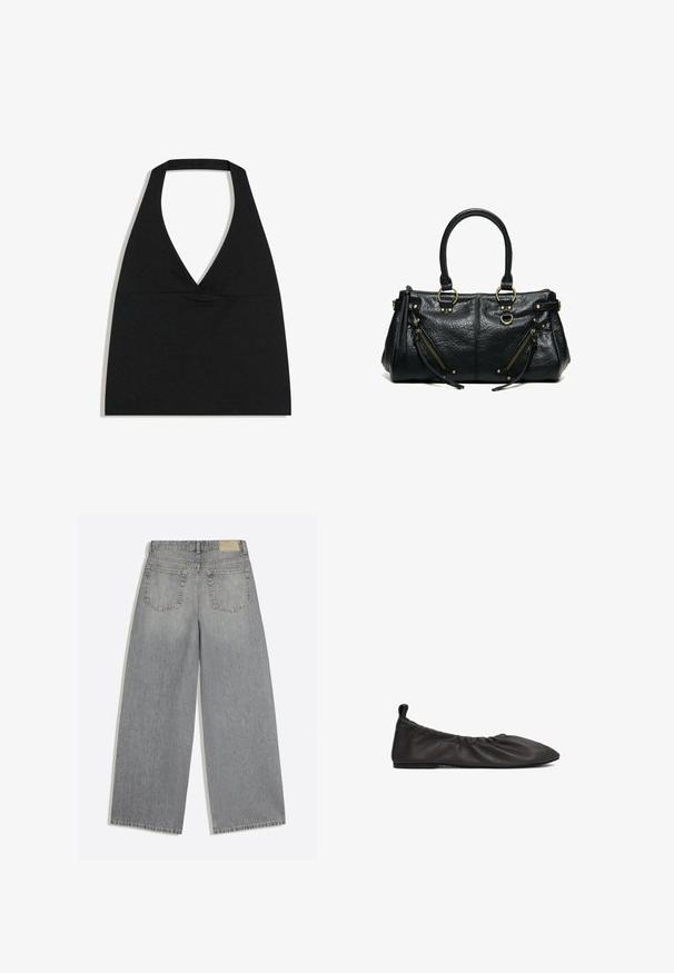 Zwarte haltercrop top met diepe V-halslijn en brede nekband tegen een witte achtergrond.; Grijze wijde denim jeans met achterkant met twee zakken en riemlussen plat op een witte achtergrond gelegd.; Zwarte leren platte schoen met verzamelde elastische rand, spitse neus en een gladde oppervlak. Heeft een minimalistisch ontwerp zonder zichtbare hardware.; Zwarte leren handtas met twee hengsels, twee schuine ritssluitingzakken met kwastjes en goudkleurige metalen ringen en studs.