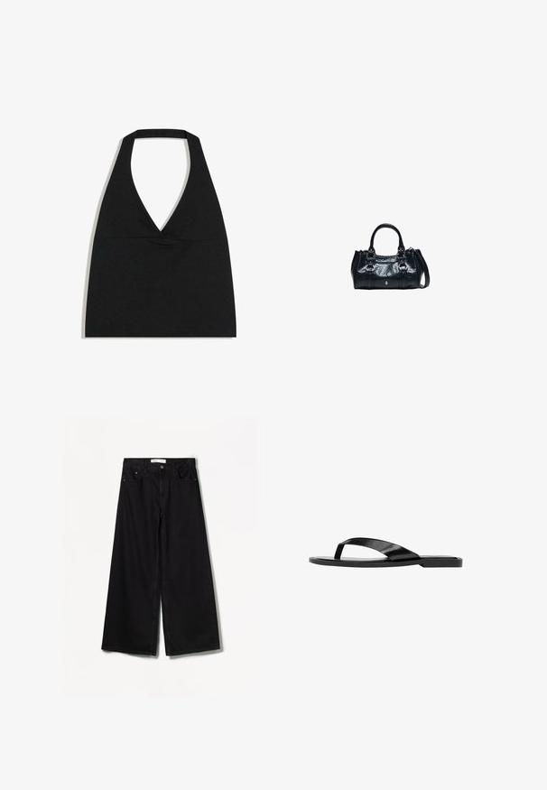 Haut court noir à col licou avec un profond décolleté en V et une large bretelle autour du cou sur fond blanc.; Jean large noir en denim. Doté d'une taille haute, de poches avant et arrière, et d'un matériel argenté sur le bouton et la fermeture éclair.; Sandale plate noire avec une large bride brillante sur les orteils et une semelle simple, vue de côté sur fond blanc.; Sac à main en cuir noir avec deux poignées supérieures, boucles décoratives et une bandoulière amovible sur fond blanc.