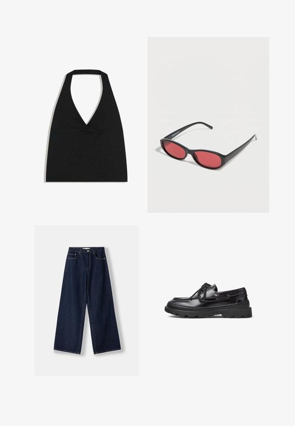 Haut court noir à col licou avec un profond décolleté en V et une large bretelle autour du cou sur fond blanc.; Jean en denim bleu foncé à jambes larges avec fermeture avant par bouton et zip, poches avant et passants pour ceinture, posé à plat sur un fond blanc.; Bateaux en cuir noir avec un bout arrondi, un laçage, des accents en surpiqûre et une semelle en caoutchouc épaisse dotée d'un motif de traction texturé.; Lunettes de soleil ovales noires avec des branches fines et des verres teintés rouges posées sur une surface blanche.