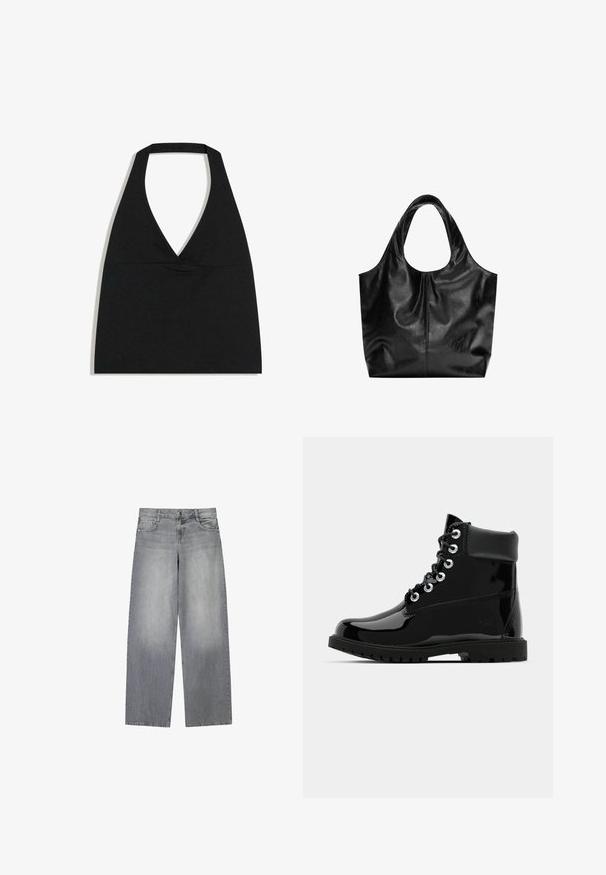 Čierny crop top s halter výstrihom do V s hlbokým výstrihom a širokým remienkom na krku na bielom pozadí.; Široké svetlošedé džínsy z denim s mierne vyblednutým vzhľadom, so štyrmi vreckami, predným zapínaním na gombík a pútkami na opasok.; Čierne lesklé členkové topánky s hladkým lakovaným povrchom, okrúhla špička, šesť očiek na šnurovanie a robustná gumová podrážka.; Čierna kožená taška s hladkým povrchom, mäkkým zaobleným vrchom a širokými rúčkami. Obsahuje minimálne švy a voľný siluetu.