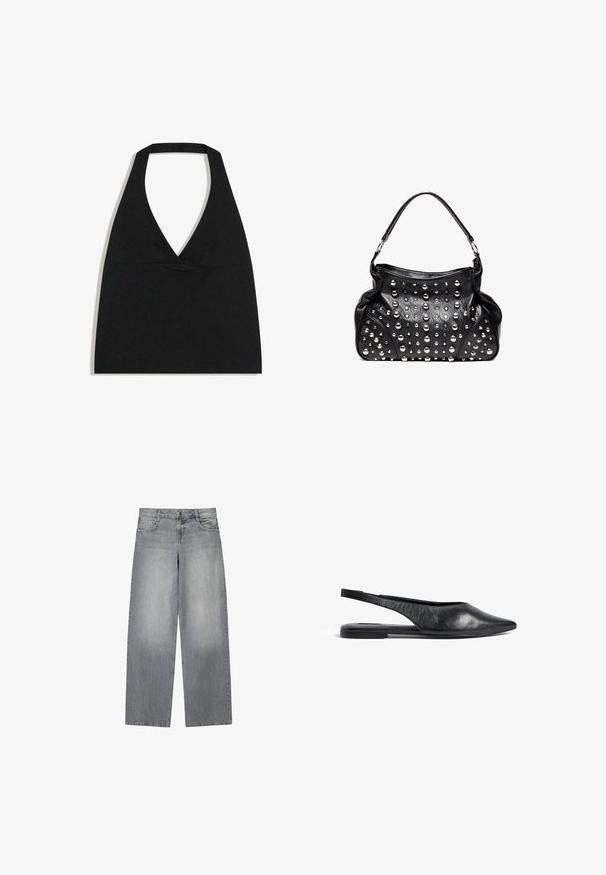 Čierny crop top s halter výstrihom do V s hlbokým výstrihom a širokým remienkom na krku na bielom pozadí.; Široké svetlošedé džínsy z denim s mierne vyblednutým vzhľadom, so štyrmi vreckami, predným zapínaním na gombík a pútkami na opasok.; Čierne kožené slingback baleríny s špicatou špičkou a minimalistickým dizajnom. Obsahujú elegantný profil a tenký opätok pre stabilitu.; Čierna kožená kabelka s jedným uchom, ozdobená viacerými striebornými cvočkami rôznych veľkostí na prednej ploche.