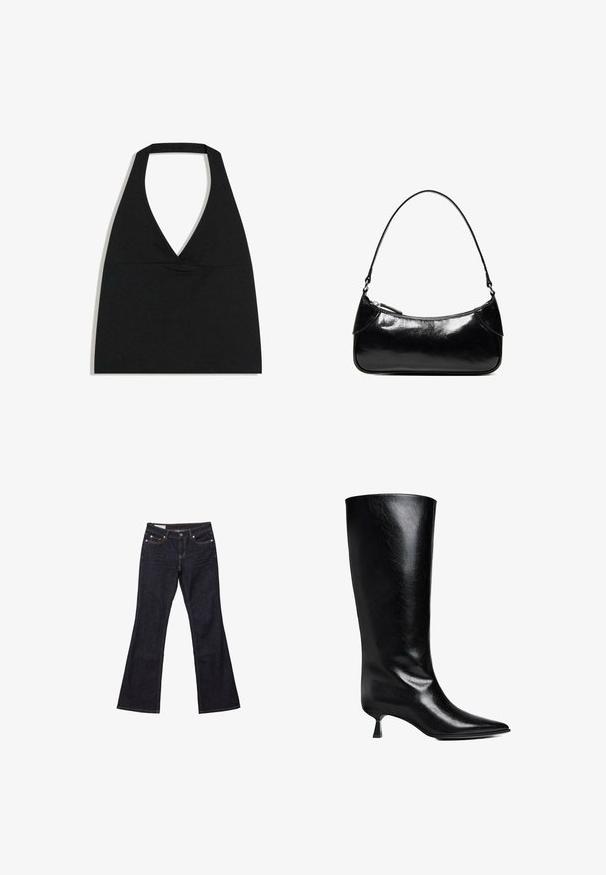 Schwarzes bauchfreies Top mit Neckholder und tiefem V-Ausschnitt sowie breitem Nackenriemen vor weißem Hintergrund.; Dunkelblaue Bootcut-Denim-Jeans mit Fronttaschen, Knopfverschluss und sichtbaren Nähten.; Schwarze Lederstiefel bis zum Knie mit spitzem Zehenbereich, schlanker Silhouette und niedrigem Blockabsatz mit glänzender Oberfläche.; Schwarze, glänzende Lederschultertasche mit einem einzelnen Reißverschlussfach und einem dünnen, bogenförmig gebogenen Träger.