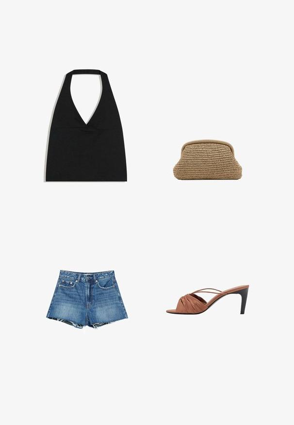 Sort halterneck crop top med dyb V-udskæring og bred nakkestrop mod en hvid baggrund.; Denim shorts i medium blå med frynset kant, som har fem lommer, bæltestropper og detaljer med kobberfarvet knap og nitter.; Brune åbne mules med rynket design, tynde krydsede stropper og en slank sort stiletthæl. Glat tekstur over det hele.; Beige vævet clutchpung med afrundet topkant og blødt, tekstureret ydre, vist mod en hvid baggrund.