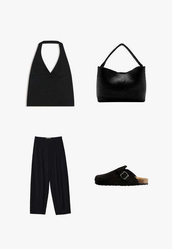 Haut court noir à col licou avec un profond décolleté en V et une large bretelle autour du cou sur fond blanc.; Pantalons larges noirs en tissu léger, avec des plis avant, une taille classique et des poches latérales. Texture douce.; Sabot en suède noir avec un bout arrondi, détail de boucle en métal réglable et semelle en liège, doté d'une semelle en caoutchouc texturée.; Sac à main tissé noir avec une anse unique tressée, forme rectangulaire et surface texturée brillante.