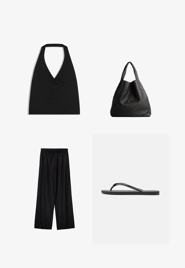Čierny crop top s halter výstrihom do V s hlbokým výstrihom a širokým remienkom na krku na bielom pozadí.; Čierne široké nohavice s elastickým pásom a predným sťahovacím šnúrkou, vyrobené z ľahkej látky.; Čierna gumová žabková sandála s textúrovanou podrážkou a Y-tvarovaným remienkom, zobrazená z boku na bielom pozadí.; Čierna tkaná nákupná taška s dvoma uchami. Mäkka textúra, voľný dizajn a veľký, zaoblený tvar. Žiadne viditeľné kovové súčiastky ani akcenty.