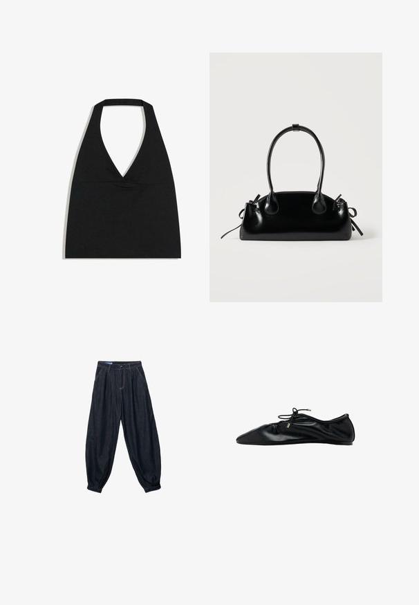 Haut court noir à col licou avec un profond décolleté en V et une large bretelle autour du cou sur fond blanc.; Pantalon en denim bleu foncé ample avec plis à la taille, poches avant, et bas resserrés aux chevilles.; Ballerine plate en cuir noir avec bout froncé et lacet à nouer orné d'embouts métalliques, vue latérale minimaliste et élégante.; Petit sac à main noir brillant avec deux longues anses et des détails à cordon sur les côtés sur un fond clair uni.