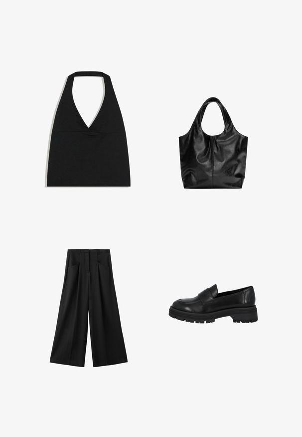 Zwarte haltercrop top met diepe V-halslijn en brede nekband tegen een witte achtergrond.; Zwarte wijde broek met steekzakken, riemlussen en een hoge taille, getoond op een witte achtergrond.; Zwarte leren instappers met een afgeronde neus, accentuerende voorkantstrap en een dikke, robuuste rubberen zool. Gladde textuur en minimalistisch ontwerp.; Zwarte leren tote bag met een gladde textuur, een zachte ronde bovenkant en brede handvatten. Kenmerkt zich door minimale stiksels en een slungelige silhouet.