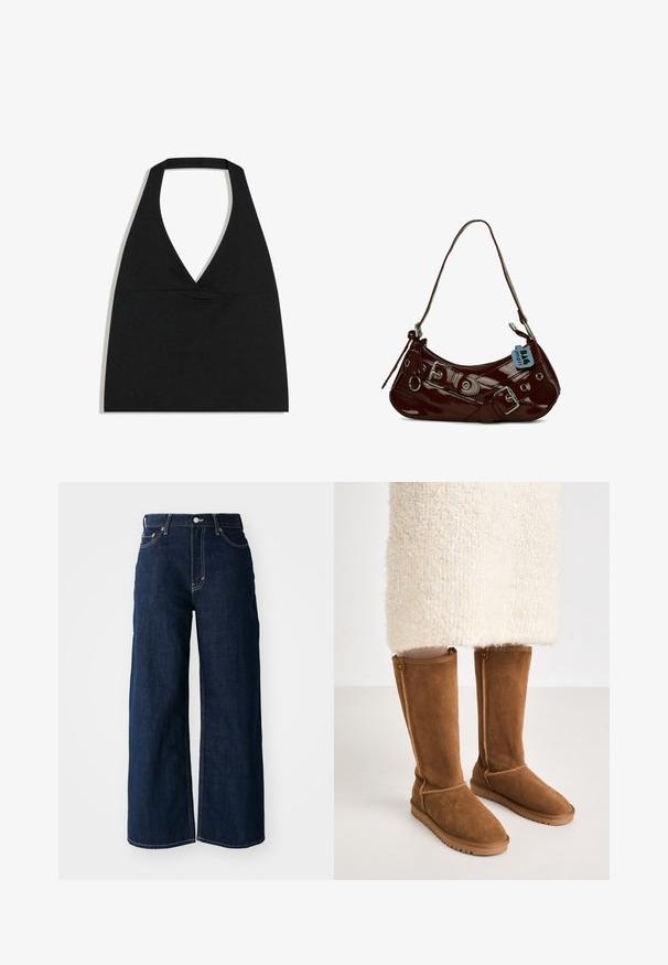 Haut court noir à col licou avec un profond décolleté en V et une large bretelle autour du cou sur fond blanc.; Jeans en denim bleu foncé à jambes larges avec des coutures contrastées, un design à cinq poches et une fermeture à bouton à la taille.; Bottes en suède marron à hauteur de genou avec une texture lisse, présentant des coutures latérales et une semelle en caoutchouc pour une bonne traction.; Sac à main en cuir verni bordeaux avec une forme courbée, accents en métal argenté et une boucle décorative. Il présente une courte bandoulière et une fermeture éclair.