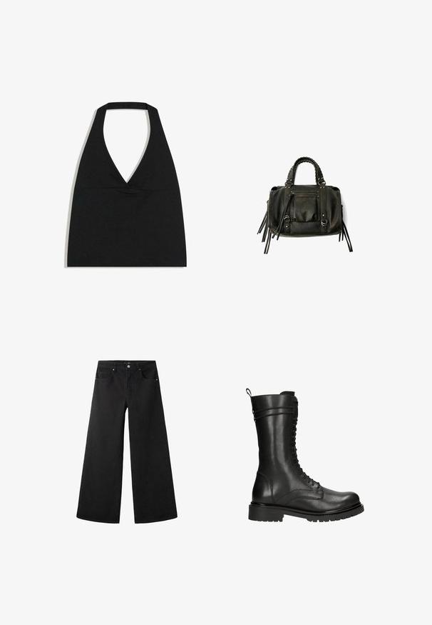 Schwarzes bauchfreies Top mit Neckholder und tiefem V-Ausschnitt sowie breitem Nackenriemen vor weißem Hintergrund.; Schwarze weite Jeans aus Denim, mit hoher Taille, fünf Taschen und silbernen Beschlägen. Glatte Textur mit subtilen Details.; Schwarze Lederkampfstiefel mit hohem Schaft, Schnürverschluss und strukturiertem Finish. Ausgestattet mit einer robusten Gummisohle und einem Zugschlauf.; Schwarze Lederhandtasche mit geflochtenen Griffen, Reißverschlussfach und hängenden Quasten. Strukturiert Oberfläche mit Metallnieten und Hardware-Akzenten.
