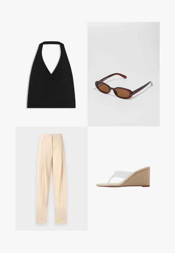 Haut court noir à col licou avec un profond décolleté en V et une large bretelle autour du cou sur fond blanc.; Pantalon beige sur mesure à jambes droites avec fermeture à bouton et zip, passants pour ceinture et plis à l'avant.; Sandale compensée beige avec une large bride transparente et un design à lanière entre les orteils sur fond blanc.; Lunettes de soleil rondes teinte brun avec une monture bordeaux brillante. Branches fines avec un détail de marque subtil. Design de verres plats.