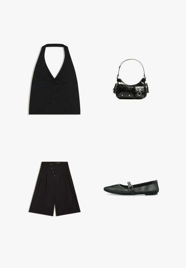 Sort halterneck crop top med dyb V-udskæring og bred nakkestrop mod en hvid baggrund.; Højhust sorte viddebenede shorts med asymmetrisk knaplukning foran og subtile folder på begge sider.; Sorte mesh balletflade har en rund tå, en tynd rem med spænde og en flad sål. Overdelen har et geometrisk mønster for ventilation.; Sort patenteret læder håndtaske med en buet form, en skulderrem, frontlommer og hardware accenter i sølvfarve.