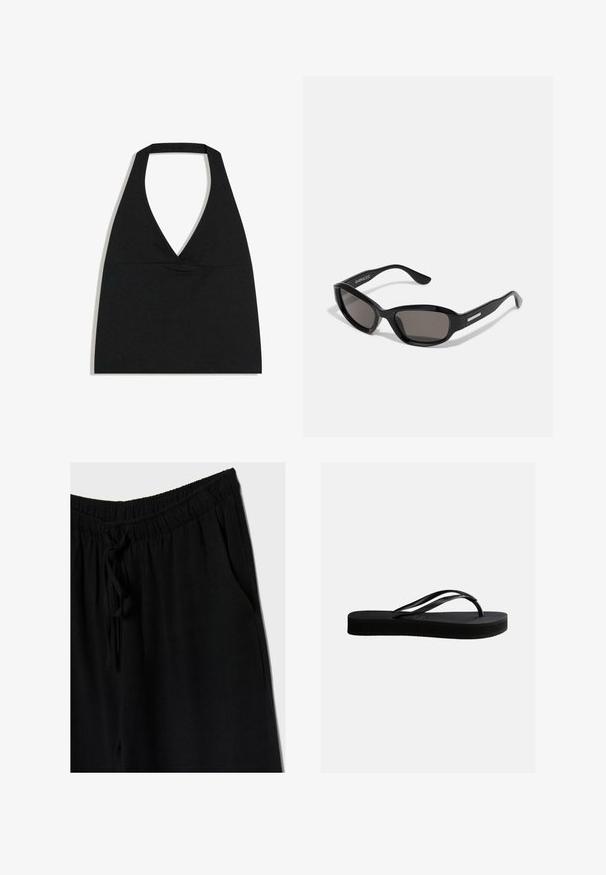 Schwarzes bauchfreies Top mit Neckholder und tiefem V-Ausschnitt sowie breitem Nackenriemen vor weißem Hintergrund.; Schwarze Hose mit elastischem Bund und Kordelzug, bietet eine lockere Passform und Seitentaschen. Das Material wirkt weich und leicht.; Schwarze Gummiflips mit strukturierter Sohle und Y-förmigem Riemen, seitliche Ansicht vor schlichtem hellem Hintergrund.; Schwarze Sonnenbrille mit rechteckigem Rahmen, dunklen Gläsern, glattem Kunststoffmaterial und einem metallischen Akzent am Bügel.