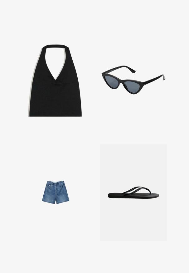 Haut court noir à col licou avec un profond décolleté en V et une large bretelle autour du cou sur fond blanc.; Shorts en denim de lavage bleu moyen, avec un design classique à cinq poches, passants de ceinture, et fermeture éclair avec bouton.; Sandale tong en caoutchouc noir avec semelle texturée et fines brides en Y sur un fond blanc uni.; Lunettes de soleil noires en forme d'œil de chat avec des verres gris foncé, monture en plastique élégante, coins pointus et branches droites. Pas de métal visible ni d'accents.