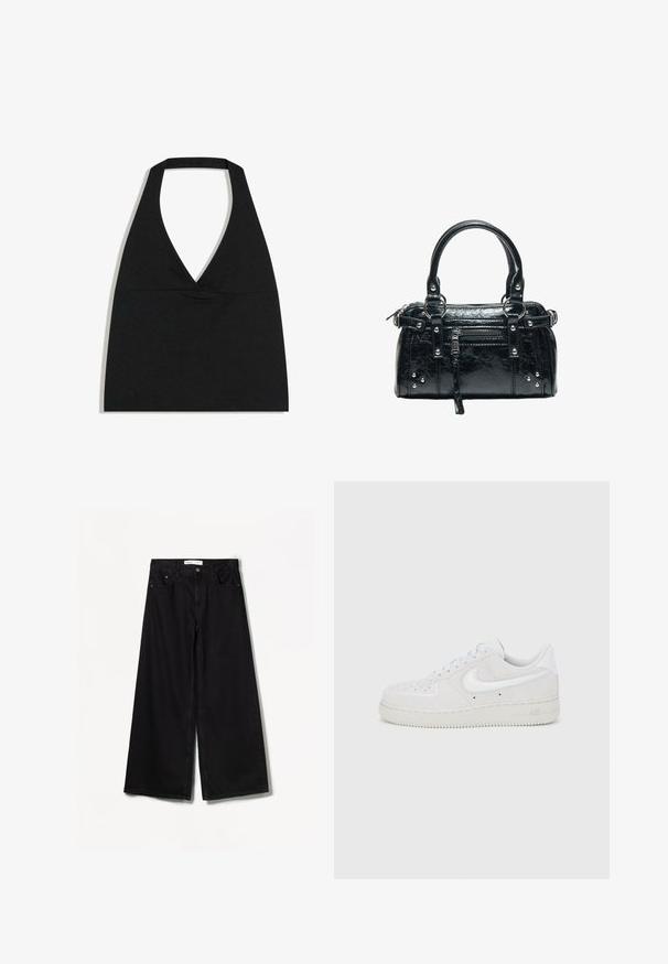 Čierny crop top s halter výstrihom do V s hlbokým výstrihom a širokým remienkom na krku na bielom pozadí.; Čierne široké džínsy vyrobené z denimu. Majú vysoký pás, predné a zadné vrecká a strieborné kovanie na zapínaní na gombík a zips.; Biele semišové tenisky Nike Air Force 1 s textúrovaným povrchom, zaoblenou špičkou a kontrastným bielym logom, vybavené gumovou podrážkou.; Čierna kožená kabelka s dvoma rukoväťami, predným vreckom na zips, striebornými nitmi a textúrovaným povrchom izolovaná na bielom pozadí.