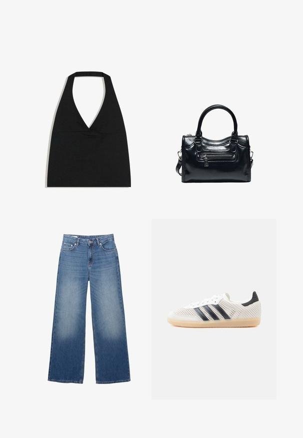 Sort halterneck crop top med dyb V-udskæring og bred nakkestrop mod en hvid baggrund.; Blå brede jeans i denim med knap og lynlås foran, der har lommer foran og bagpå samt let falming på lårene.; Hvide mesh-sneakers med sort tre-stribet design, rundet tå og gummisål. Har blød hælkant og snørelukning.; Sort skinnende læderhåndtaske med to håndtag, lynlåslomme foran og aftagelig skulderrem på hvid baggrund.
