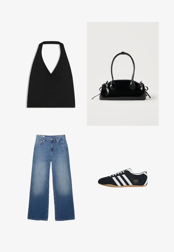 Schwarzes bauchfreies Top mit Neckholder und tiefem V-Ausschnitt sowie breitem Nackenriemen vor weißem Hintergrund.; Blaue Jeans im Weitbein-Stil aus Denim mit vorderem Knopf und Reißverschluss, ausgestattet mit Front- und Gesäßtaschen sowie leichter Verwaschung an den Oberschenkeln.; Schwarze Wildledersneaker mit drei weißen Streifen, goldenem Logo und brauner Gummisohle. Merkmale ein niedrigprofiliertes Schnürdesign.; Kleine schwarze glänzende Handtasche mit zwei langen Griffen und seitlichen Kordelzug-Details vor einfachem hellem Hintergrund.