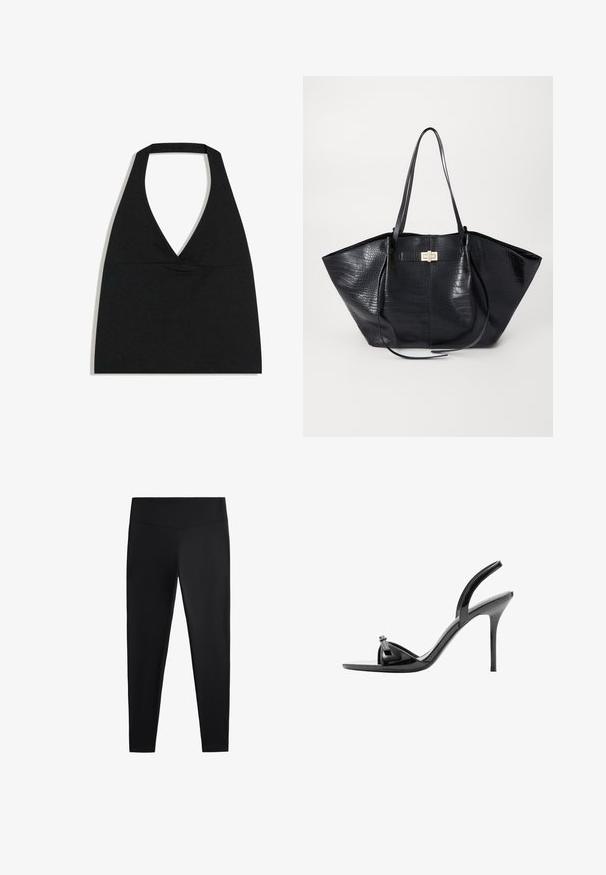 Haut court noir à col licou avec un profond décolleté en V et une large bretelle autour du cou sur fond blanc.; Leggings noirs en tissu lisse et extensible. Dotés d'une taille large et d'un design de jambe fuselée, adaptés pour une utilisation active ou décontractée.; Sandale noire en cuir verni à talon haut avec talon aiguille fin, bout ouvert et fine bride sur le dessus du pied et autour de la cheville.; Sac fourre-tout noir avec un motif crocodile, texture lisse, doubles poignées et un détail central en métal doré.