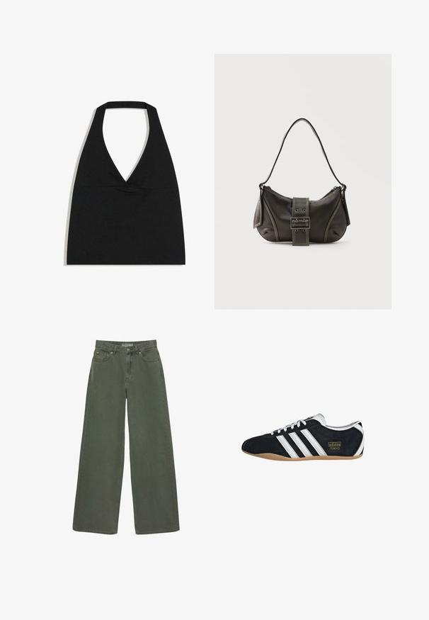 Haut court noir à col licou avec un profond décolleté en V et une large bretelle autour du cou sur fond blanc.; Jean en denim kaki vert olive à taille haute et jambes larges, avec bouton frontal, fermeture éclair, passants pour ceinture et design à cinq poches, étalé à plat.; Sneakers en suede noir avec trois bandes blanches, logo doré et semelle en caoutchouc marron. Présente un design à lacets à profil bas.; Sac à épaule en cuir noir avec une sangle à boucle, des bords arrondis et des coutures blanches contrastées sur un fond uni.