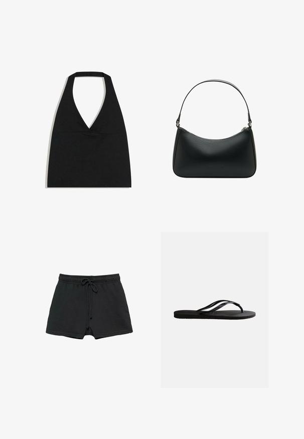 Haut court noir à col licou avec un profond décolleté en V et une large bretelle autour du cou sur fond blanc.; Short décontracté noir avec taille élastique et cordon, doté de poches latérales et d'une coupe ample.; Sandale tong en caoutchouc noir avec semelle texturée et fines brides en Y sur un fond blanc uni.; Sac à bandoulière en cuir noir avec une forme arrondie, une seule sangle plate et une fermeture éclair supérieure. Texture lisse avec des détails matériels minimalistes.