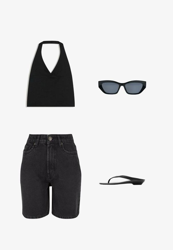 Zwarte haltercrop top met diepe V-halslijn en brede nekband tegen een witte achtergrond.; Zwarte denim shorts met een hoge taille, vijf-pocket ontwerp en metalen knoopsluiting. De stof heeft een gladde textuur met subtiele vervaging.; Zwarte sandaal met lage hak, smalle zool en dunne band die over de voet bij de tenen kruist, getoond in zijaanzicht op witte achtergrond.; Zwarte zonnebril in kattenoogmodel met dikke monturen en donker getinte glazen, afgebeeld tegen een witte achtergrond.