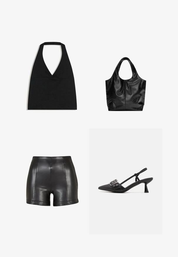 Zwarte haltercrop top met diepe V-halslijn en brede nekband tegen een witte achtergrond.; Zwarte nepleer shorts met een hoge taille, een gladde textuur en zichtbare stiksels langs de voorkant en de zoom.; Simmi London DALA - Klassieke pumps - black; Zwarte leren tote bag met een gladde textuur, een zachte ronde bovenkant en brede handvatten. Kenmerkt zich door minimale stiksels en een slungelige silhouet.