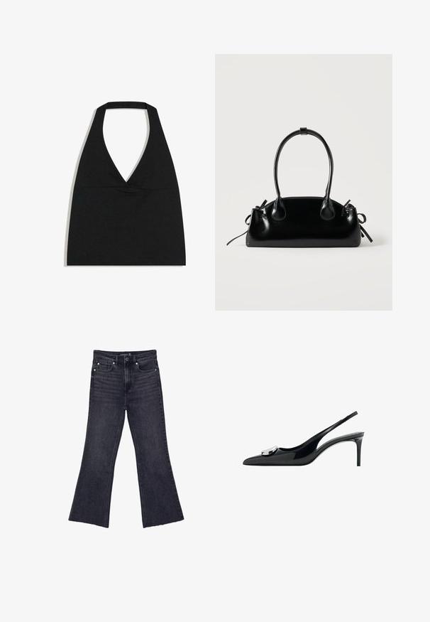 Sort halterneck crop top med dyb V-udskæring og bred nakkestrop mod en hvid baggrund.; Sorte højtaljede jeans med flagrende ben, fem-lomme design og knaplukning, størrelse 38, lagt fladt på en hvid baggrund.; Sort laklæder slingback-pumpe med spids tå, tynd hæl og en rundet metallisk detalje på forfoden. Glat tekstur.; Lille sort blank håndtaske med to lange håndtag og snøre-detaljer i siden på en ensfarvet lys baggrund.