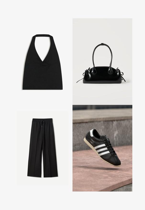 Sort halterneck crop top med dyb V-udskæring og bred nakkestrop mod en hvid baggrund.; Sorte bukser med bred benvidde lavet af blødt stof. Har en elastisk talje med snøre og to sidelommer. Flad front med plisseringer.; Sort lædersneaker med hvide striber og sål, snøret, svævende over en rosa betonoverflade med en grå stenvæg i baggrunden.; Lille sort blank håndtaske med to lange håndtag og snøre-detaljer i siden på en ensfarvet lys baggrund.