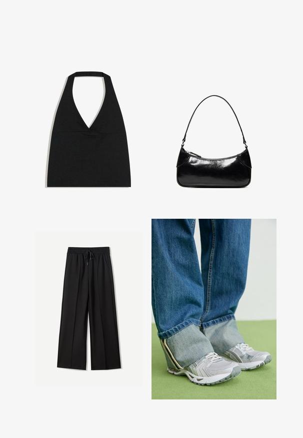Sort halterneck crop top med dyb V-udskæring og bred nakkestrop mod en hvid baggrund.; Sorte bukser med bred benvidde lavet af blødt stof. Har en elastisk talje med snøre og to sidelommer. Flad front med plisseringer.; Grå atletiske sko med mesh-materiale og hvide accenter, parret med blå denimjeans, der er opkrøllet ved anklerne.; Sort, blank skuldertaske i læder med et enkelt rum med lynlås og en tynd rem buet i en bueform.