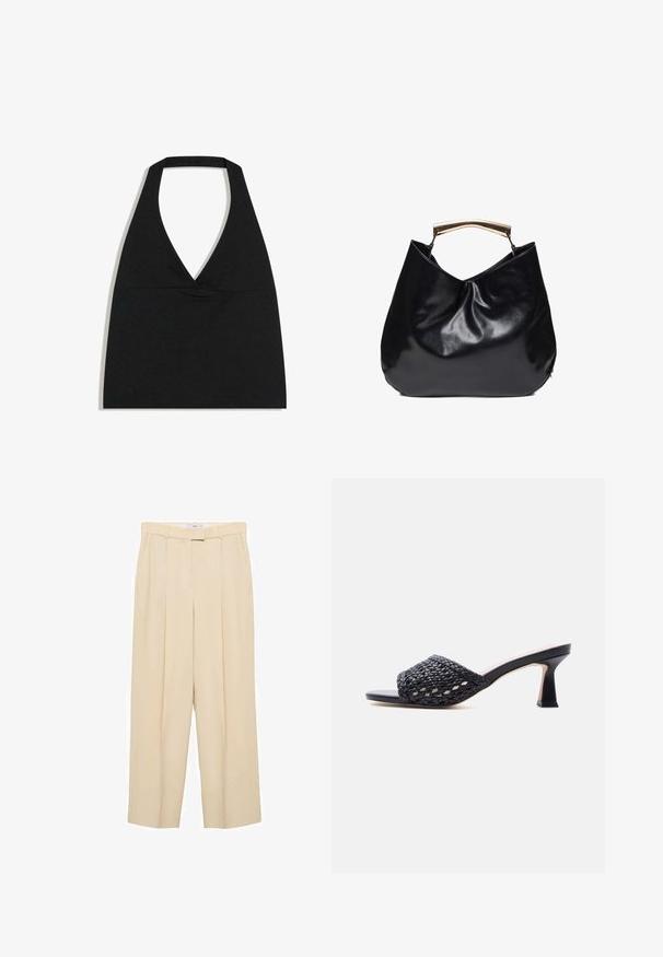Čierny crop top s halter výstrihom do V s hlbokým výstrihom a širokým remienkom na krku na bielom pozadí.; Béžové nohavice s vysokým pásom a širokým strihom. Obsahujú predné skladby, bočné vrecká a hladkú textúru látky.; Čierny mule s otvorenou špičkou, tkaným koženým zvrškom a štíhlym stredne vysokým opätkom na jednofarebnom svetlom pozadí.; Čierna lesklá kožená kabelka s oblým zlatým kovovým rúčikom, mäkkým vráskavým telom a jednoduchým, bez ozdôb.