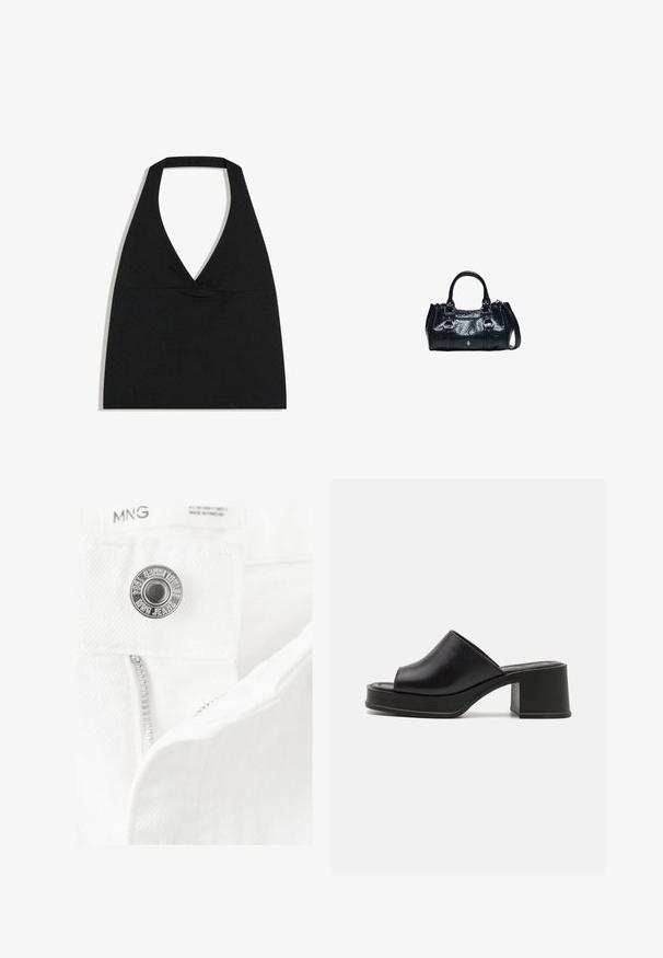 Haut court noir à col licou avec un profond décolleté en V et une large bretelle autour du cou sur fond blanc.; Bouton argenté et jean en denim blanc partiellement dézippé avec étiquette visible de la marque MNG au-dessus de la ceinture.; Mules à plateforme en cuir noir avec un bout ouvert rond, un petit talon carré et une texture lisse. Design minimaliste avec des lignes épurées.; Sac à main en cuir noir avec deux poignées supérieures, boucles décoratives et une bandoulière amovible sur fond blanc.