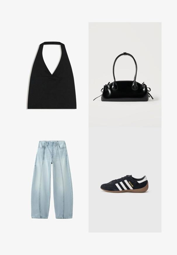 Haut court noir à col licou avec un profond décolleté en V et une large bretelle autour du cou sur fond blanc.; Jean large bleu clair avec coutures verticales à l'avant, style cinq poches et passants de ceinture, présenté à plat sur fond blanc.; Baskets en daim noir avec trois bandes blanches, semelle en caoutchouc beige, et un petit logo doré sur le côté. Dotées d'une doublure intérieure noire lisse.; Petit sac à main noir brillant avec deux longues anses et des détails à cordon sur les côtés sur un fond clair uni.